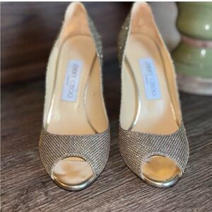 Jimmy Choo 36 size 6 Sparkling Gold Peep Toe Heels